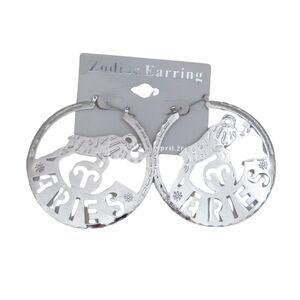 Silver Toned Aries Zodiac Earrings Women, Round Carved Metal, Birthday Gift